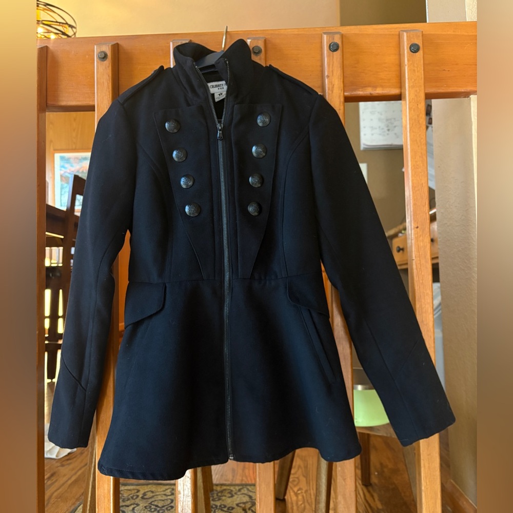 Double Breasted Military Fitted Peplum Peacoat w/ Pockets | Black - Size S